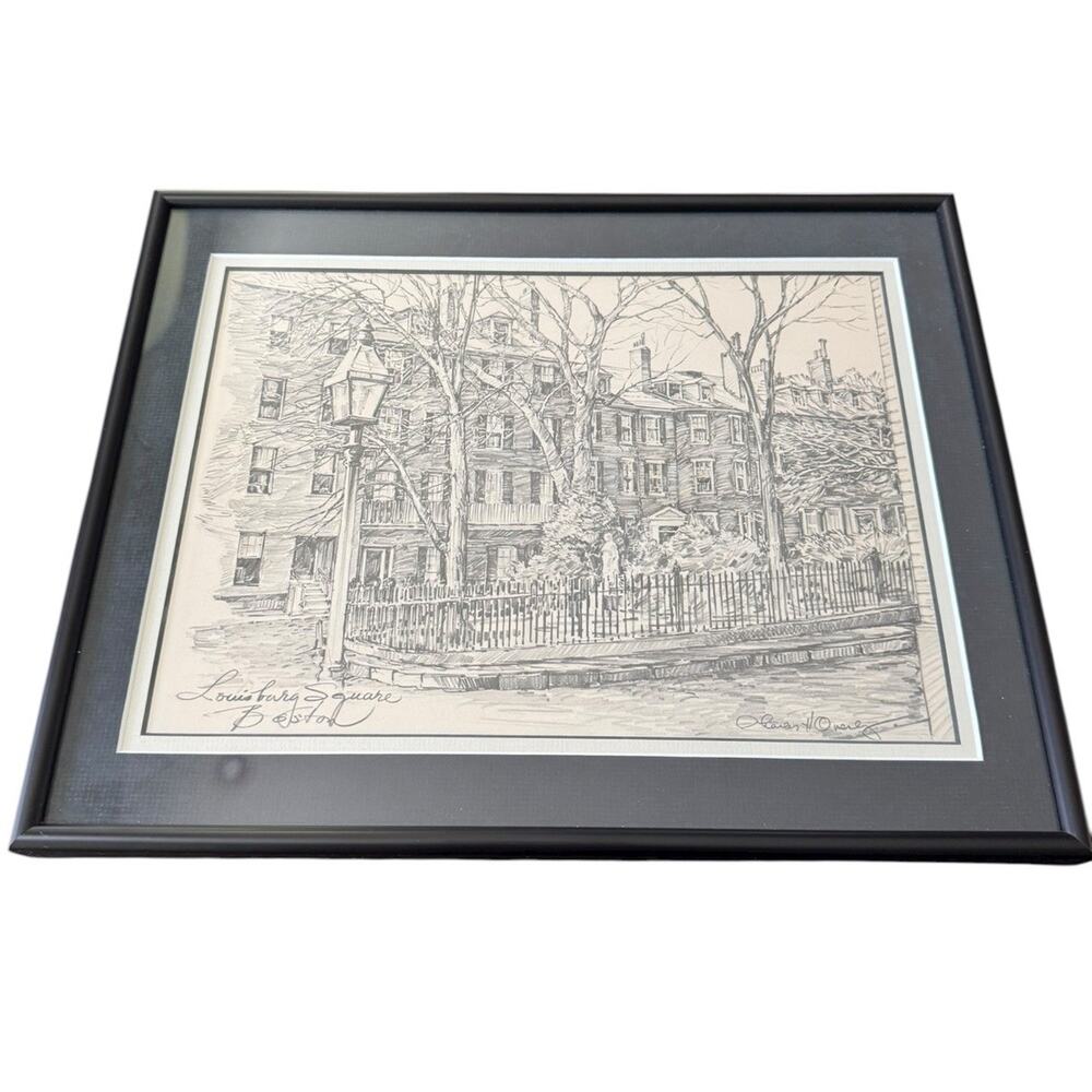 Framed Louisburg Square Boston Signed Drawing Print Art Ruzicka Style‎ Historic